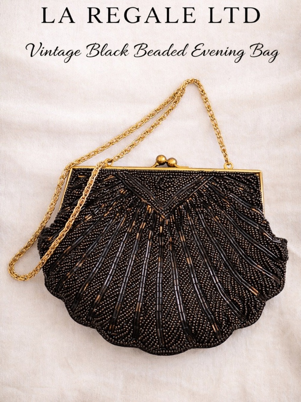 La Regale LTD Vintage Black Beaded Evening Bag Clutch Gold Chain Art Deco - Picture 1 of 11